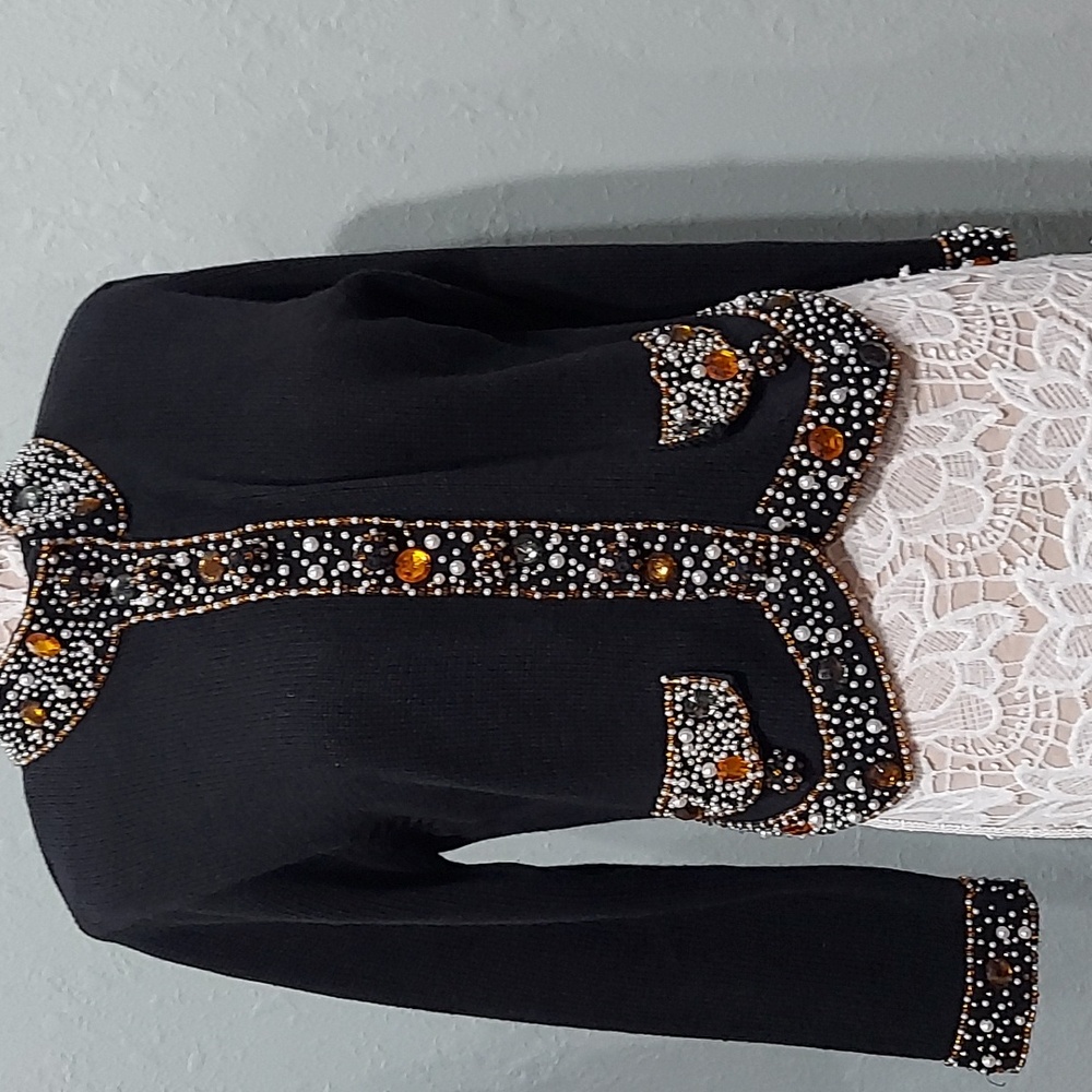 Vintage Lisa Nichols P M black cardigan with beaded trim and shoulder pads